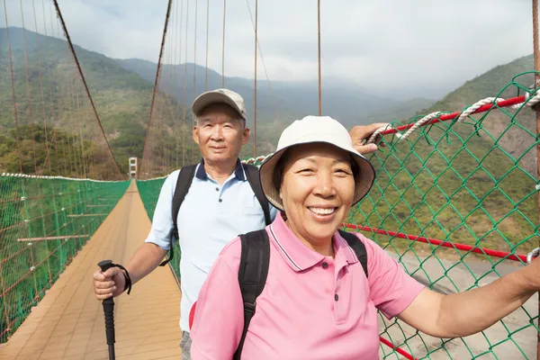 Happy asian senior couple walking on the bridge in the nature pa — Stock Photo, Image