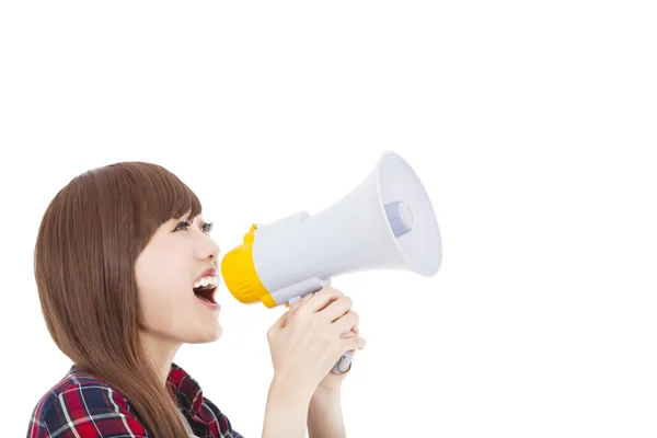 Jovem mulher segurando megafone — Fotografia de Stock