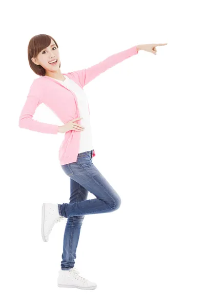 Young woman showing something to side — Stock Photo, Image