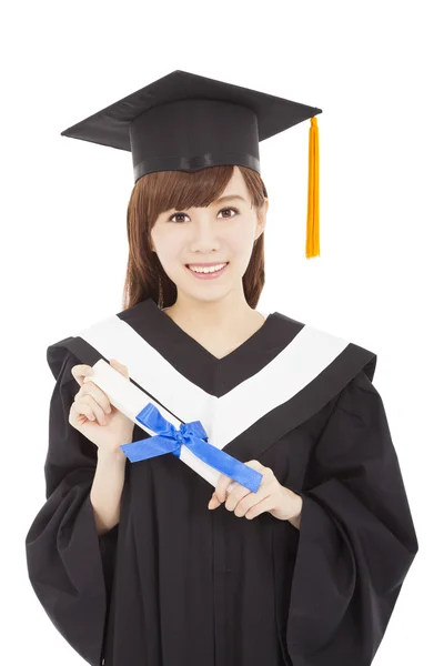 Lachende meisje afgestudeerde student met diploma — Stockfoto