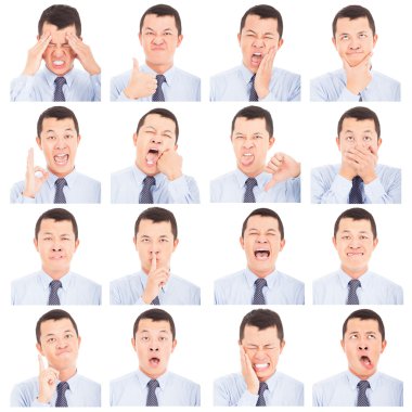 Asyalı genç adam yüz ifadeleri bileşik üzerinde beyaz izole