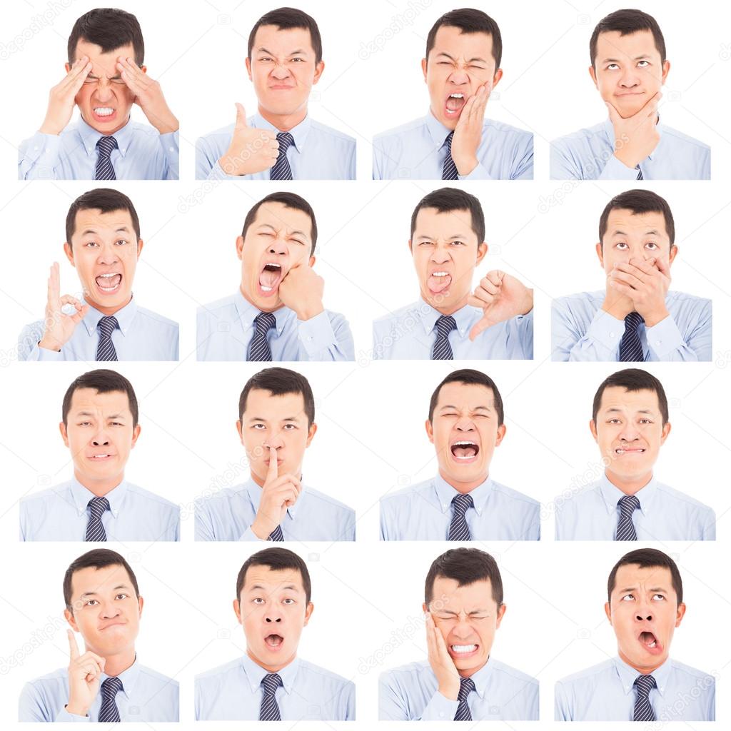asian young man face expressions composite isolated on white
