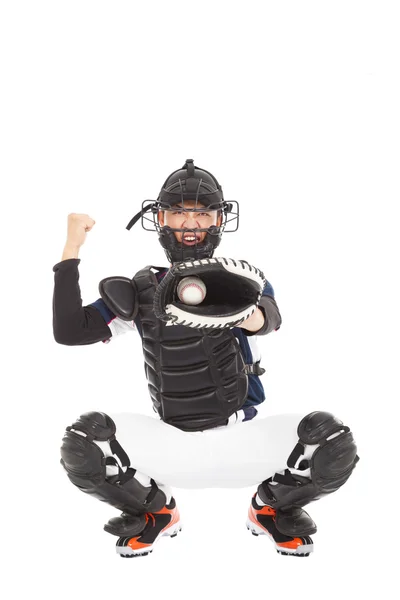 Basebollspelare, catcher, visar signal, strike ut — Stockfoto