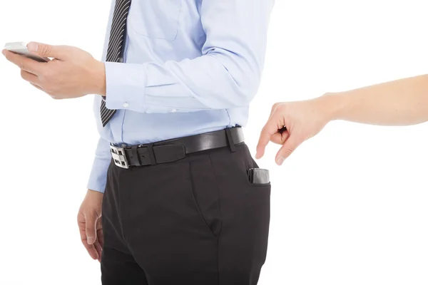 Thief hands are stealing wallet of business people — Stock Photo, Image