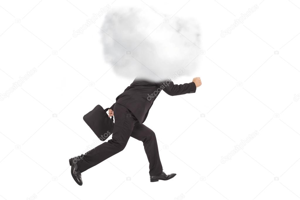 Young businessman running with head in the clouds