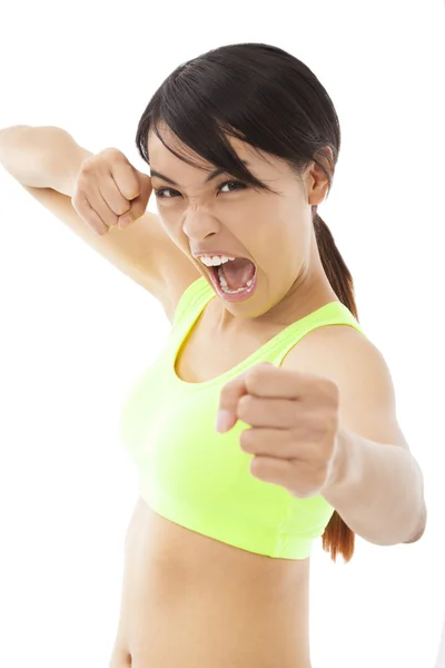 咆哮的战斗锻炼健身的年轻女子 — 图库照片