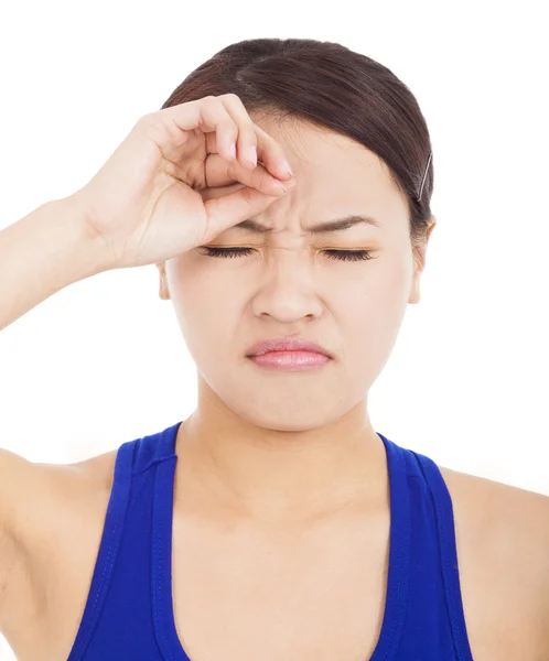 Disappointed pretty girl with touching head — Stock Photo, Image