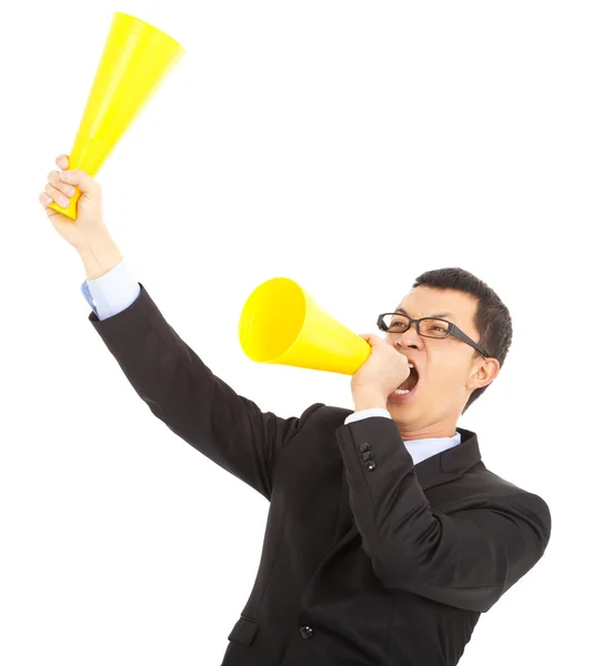 Businessman encouraging and inspiring with cheering megaphone — Stock Photo, Image