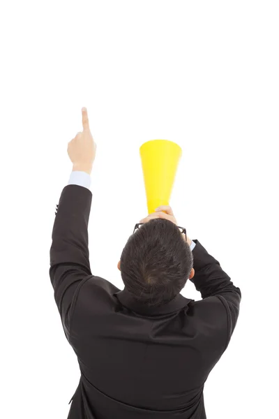 Businessman forward pointing with cheering megaphone — Stock Photo, Image