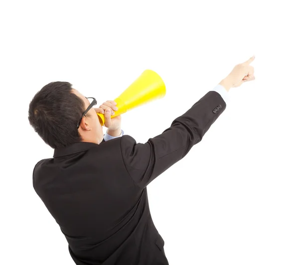 Empresário para a frente apontando com megafone torcendo — Fotografia de Stock