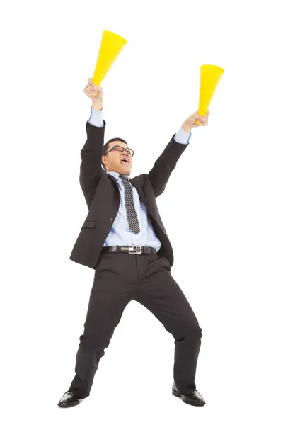 Businessman encouraging and inspiring with cheering megaphone — Stock Photo, Image