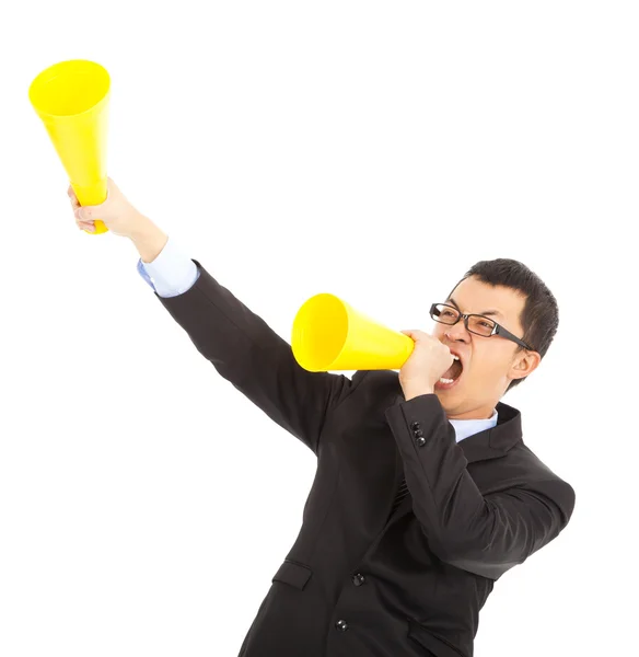 Asiático empresário incentivando com torcendo megafone — Fotografia de Stock