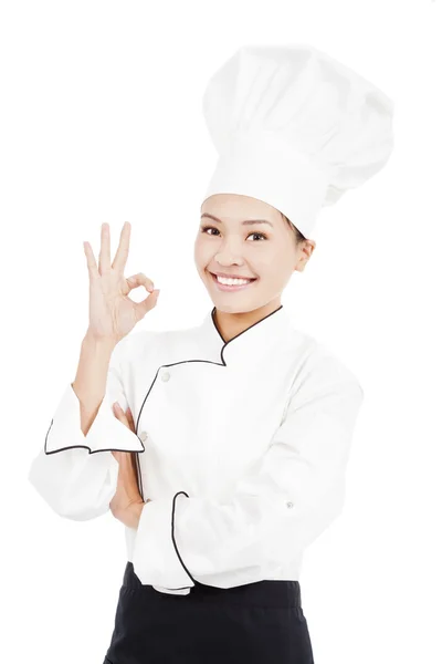 Cocinero panadero o cocinero mostrando signo de mano aceptable para la perfección —  Fotos de Stock