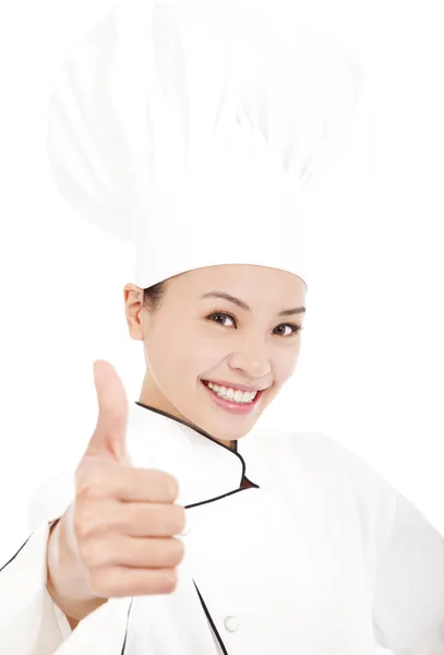 Glimlachend vrouwelijke chef-kok, kok of baker duimen opdagen — Stockfoto