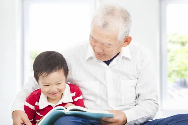 Dedesi torununu için bir hikaye kitabı okuma — Stok fotoğraf