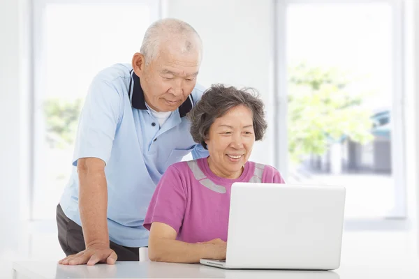Ηλικιωμένο ζευγάρι που χρησιμοποιεί ένα φορητό υπολογιστή στο σπίτι — Φωτογραφία Αρχείου