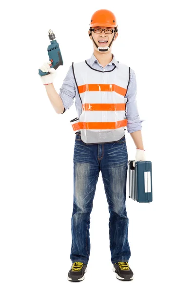 Travailleur masculin tenant perceuse électrique et boîte à outils — Photo