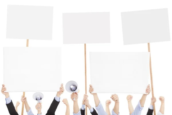 Furious people protesting with board and megaphone — Stock Photo, Image