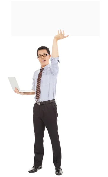 Smiling computer engineer holding laptop and white board — Stock Photo, Image