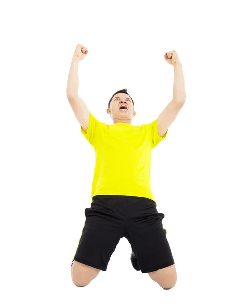 Young soccer player raised hands to celebrate winner — Stock Photo, Image