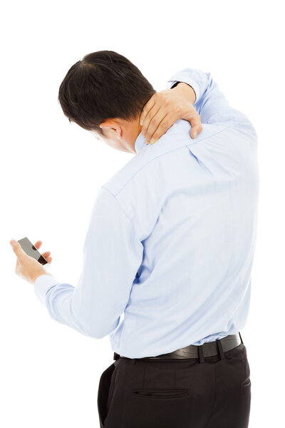 business man holding a phone and her neck with pain
 