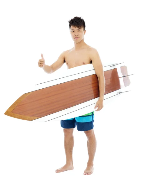 Junger Surfer hält Surfbrett und Daumen hoch — Stockfoto