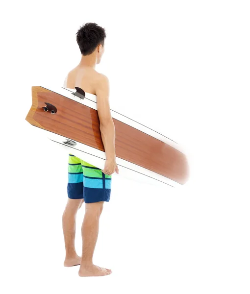 Surfer holding a surfboard over white background — Stock Photo, Image