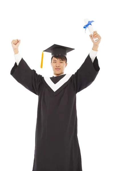 Asian happy graduating student raise hand with diploma — Stock Photo, Image