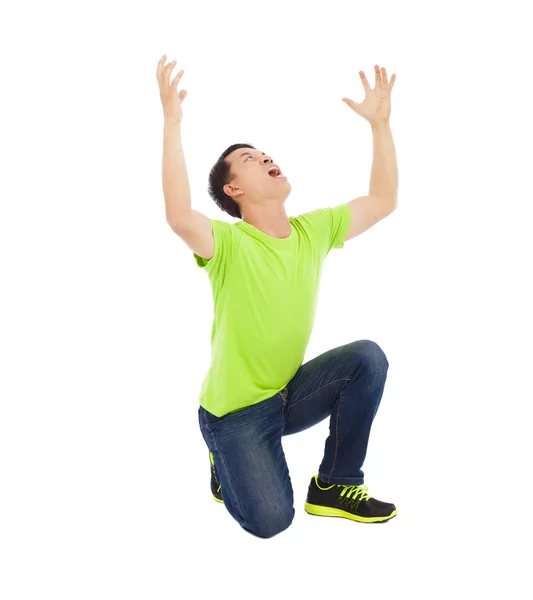 Young man raise hands and screaming — Stock Photo, Image