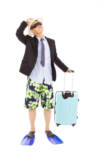 Businessman holding a baggage and look up — Stock Photo, Image