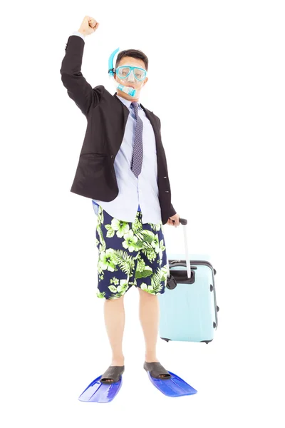 Businessman put on  scuba gear and raise hand — Stock Photo, Image