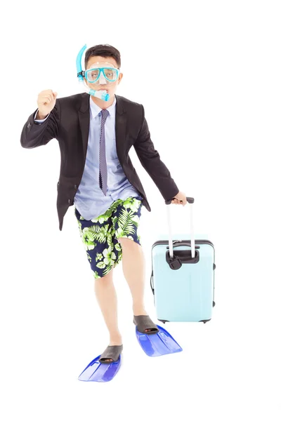 Funny businessman put on scuba gear and holding a baggage — Stock Photo, Image