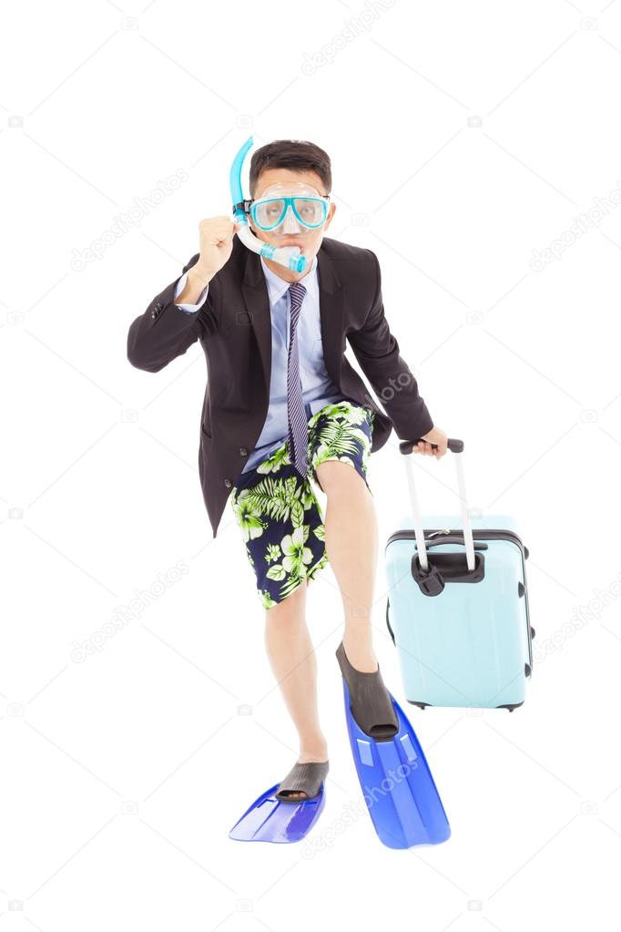 funny businessman put on scuba gear and ready to run