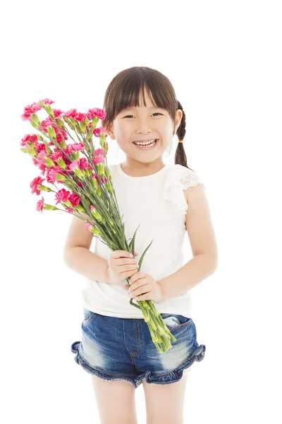 笑着抱着花束康乃馨的小女孩 — 图库照片