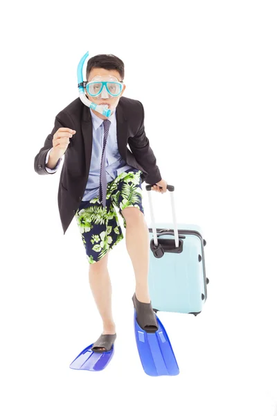 Amusing businessman running pose and carrying baggage — Stock Photo, Image