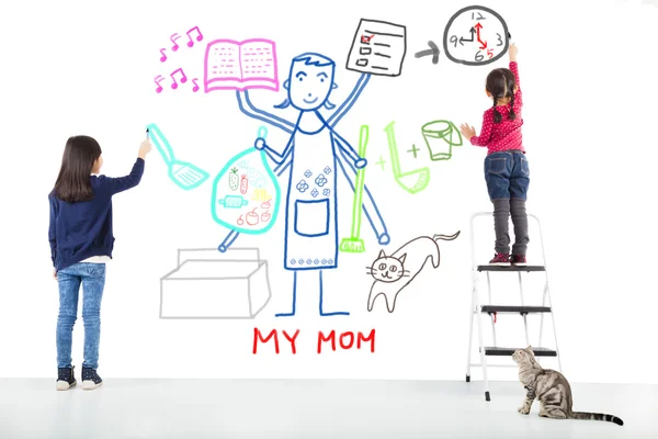 Two kids drawing her mother working tasks — Stock Photo, Image