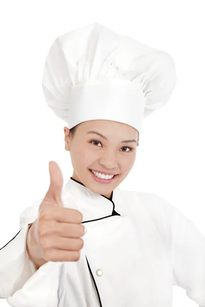 亚洲女厨师、 厨师或显示的贝克竖起大拇指 — 图库照片