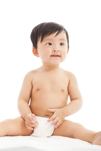 Infant child baby toddler sitting on a white — Stock Photo, Image