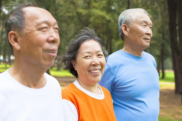 Happy senior kvinna tittar på kameran med hennes bröder — Stockfoto