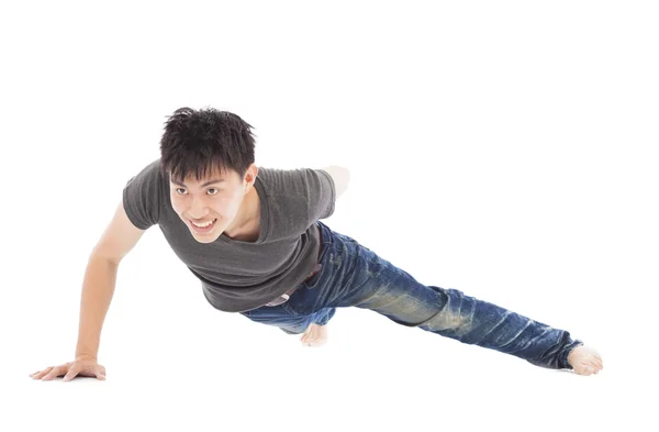 Confident young man make push-ups by single hand — Stock Photo, Image