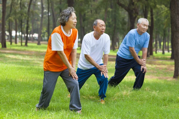 Seniors are warming up before jogging in the park — Stock Photo, Image