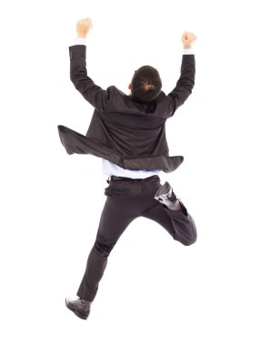 mutlu bir şekilde çalışırken eller yükselterek işadamı heyecanlı