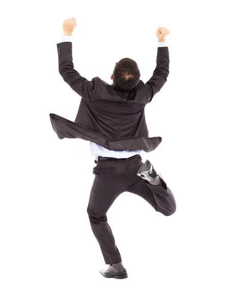 Збуджений бізнесмен піднімає руки під час бігу щасливо — стокове фото