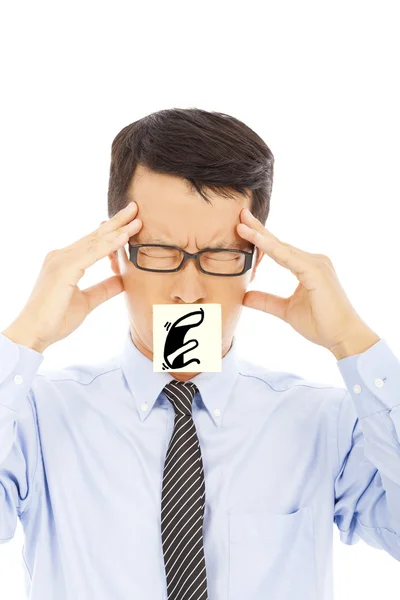Hombre de negocios con dolor de cabeza y la expresión de culpa en pegatina —  Fotos de Stock