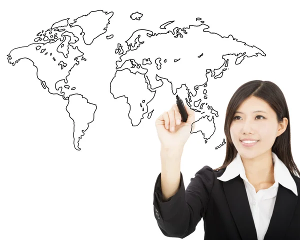 Uśmiechnięta kobieta rysunek mapy globalnej koncepcja — Zdjęcie stockowe