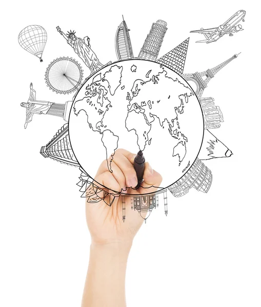 Hand sketching the Earth and Global map with landmark — Stock Photo, Image