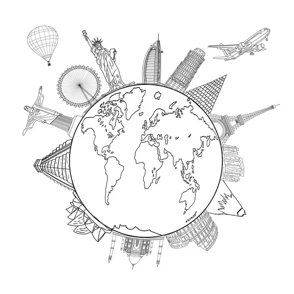 Esboçando a Terra e o mapa global com marcos — Fotografia de Stock