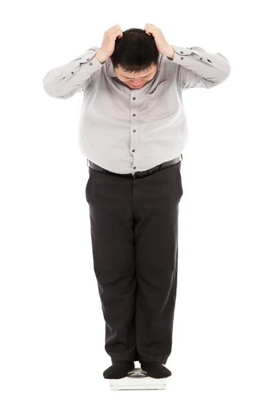 Homem de negócios gordo muito inacreditável seu peso para segurar a cabeça — Fotografia de Stock