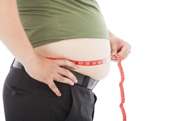 Fat man use scale to measure his waistline — Stock Photo, Image