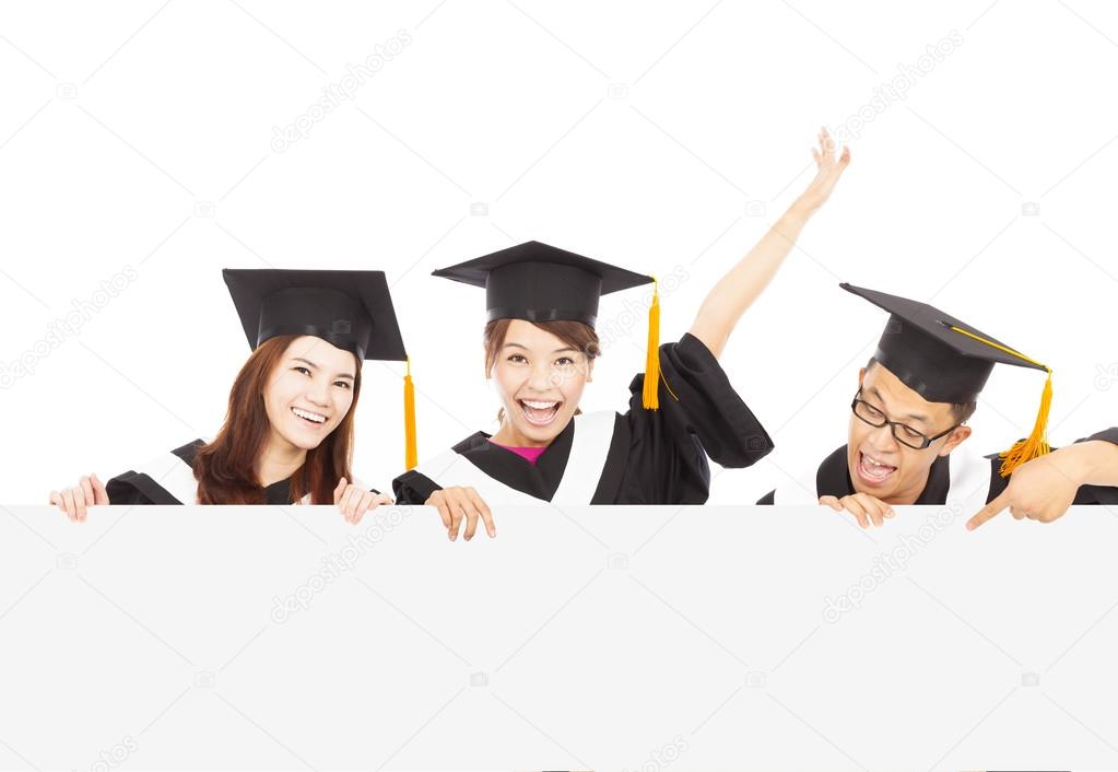 happy young graduate students with blank board